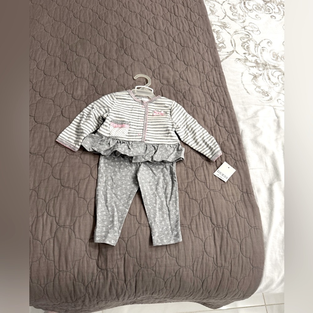GUESS Baby Off-white and Gray Striped baby girl outfit set. Size 6-9M